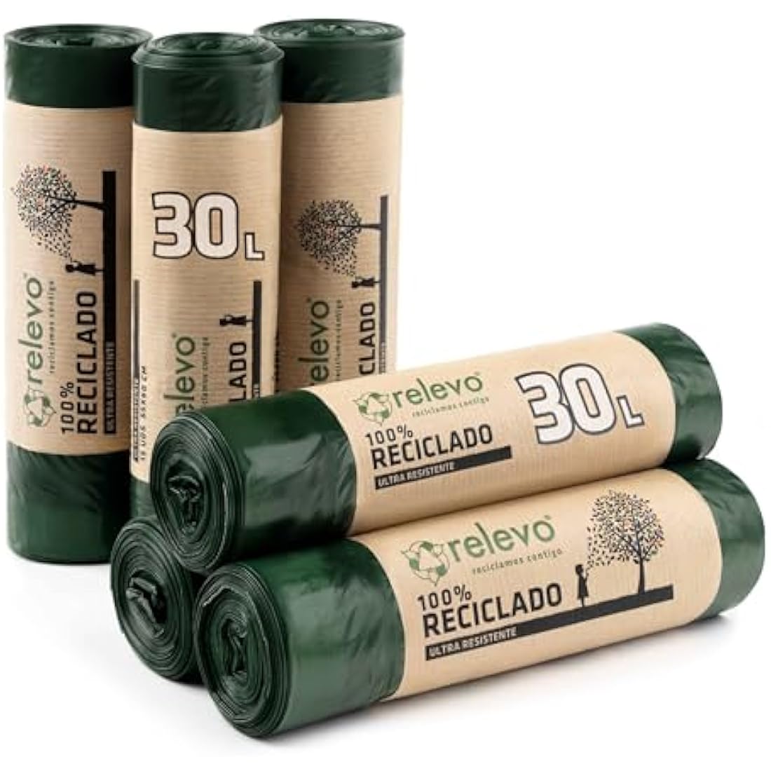 Relevo 30 Litre Bin Bags – Made from 100% Recycled Material. Green Bin Bags 30L – 55 cm x 60 cm. Includes 90 units of 30L Bin Liners with Drawstrings.
