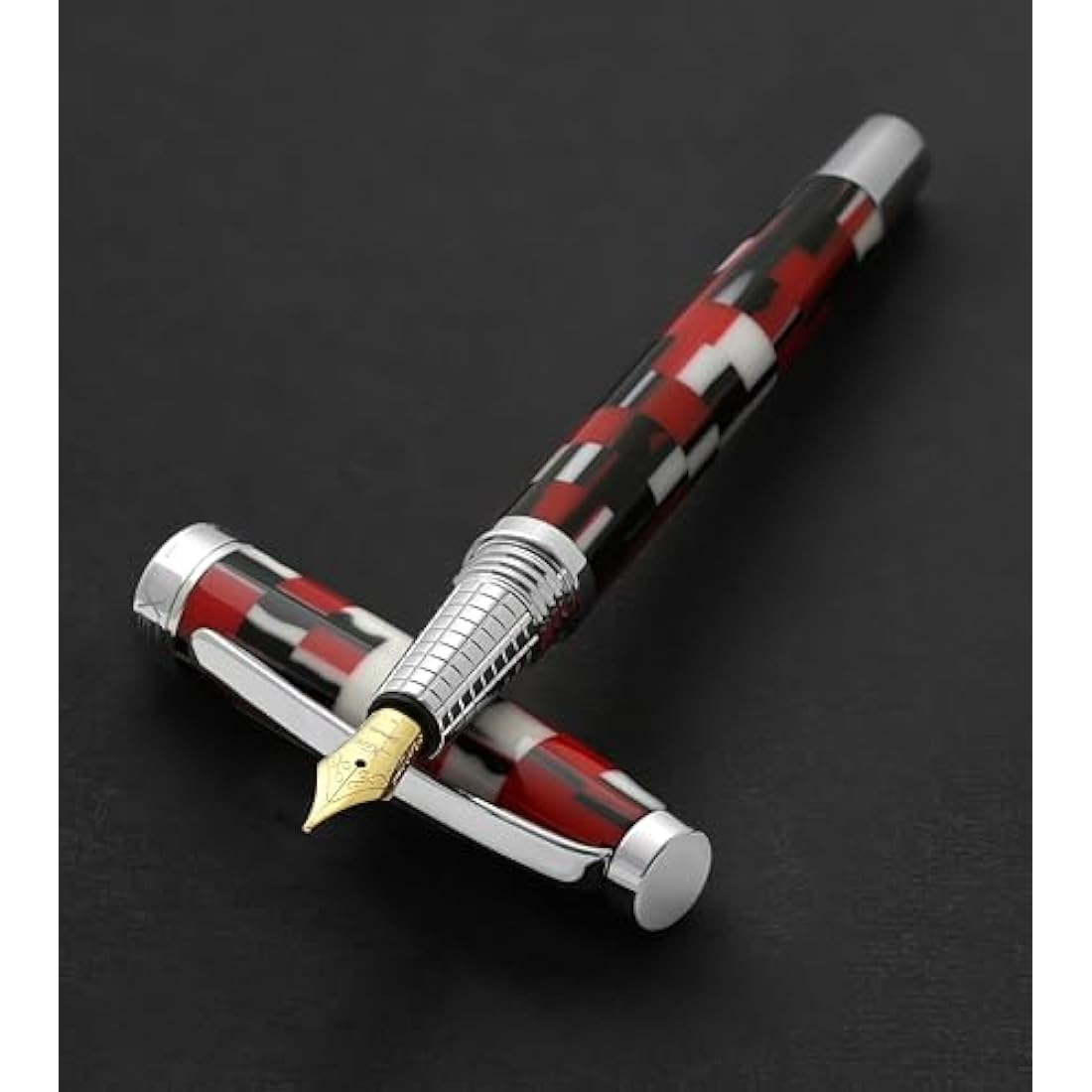 Xezo Urbanite II Fountain Pen, Medium Nib. Sporty Red, Black, and White Checkered Acrylic on Brass. Chrome Plated. Handcrafted, Limited Edition, Serialized