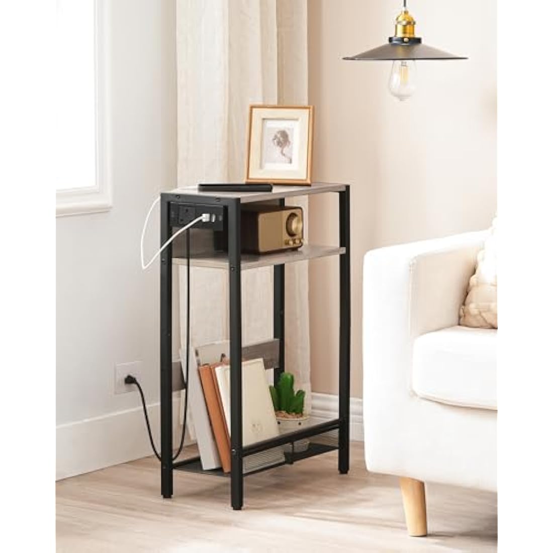 CHOEZON Side Table with Charging Station, Narrow End Table, Slim Nightstand for Small Space, Skinny Beside Table with Storage, for Living Room, Bedroom, Greige and Black DTBZ05KBH