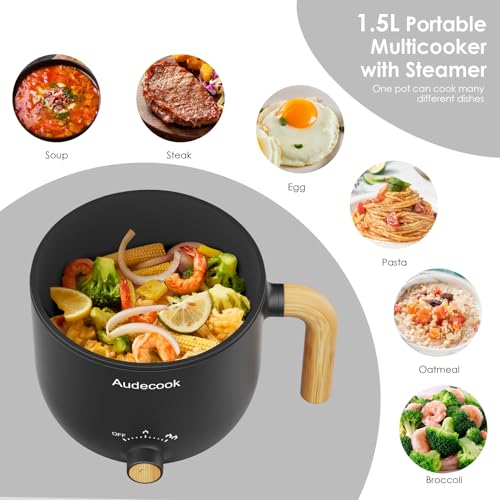 Audecook Electric Hot Pot with Steamer, 1.5L Portable Non-Stick Mini Multifunctional Cooker, Travel Electric Skillet with Dual Power Control for Ramen