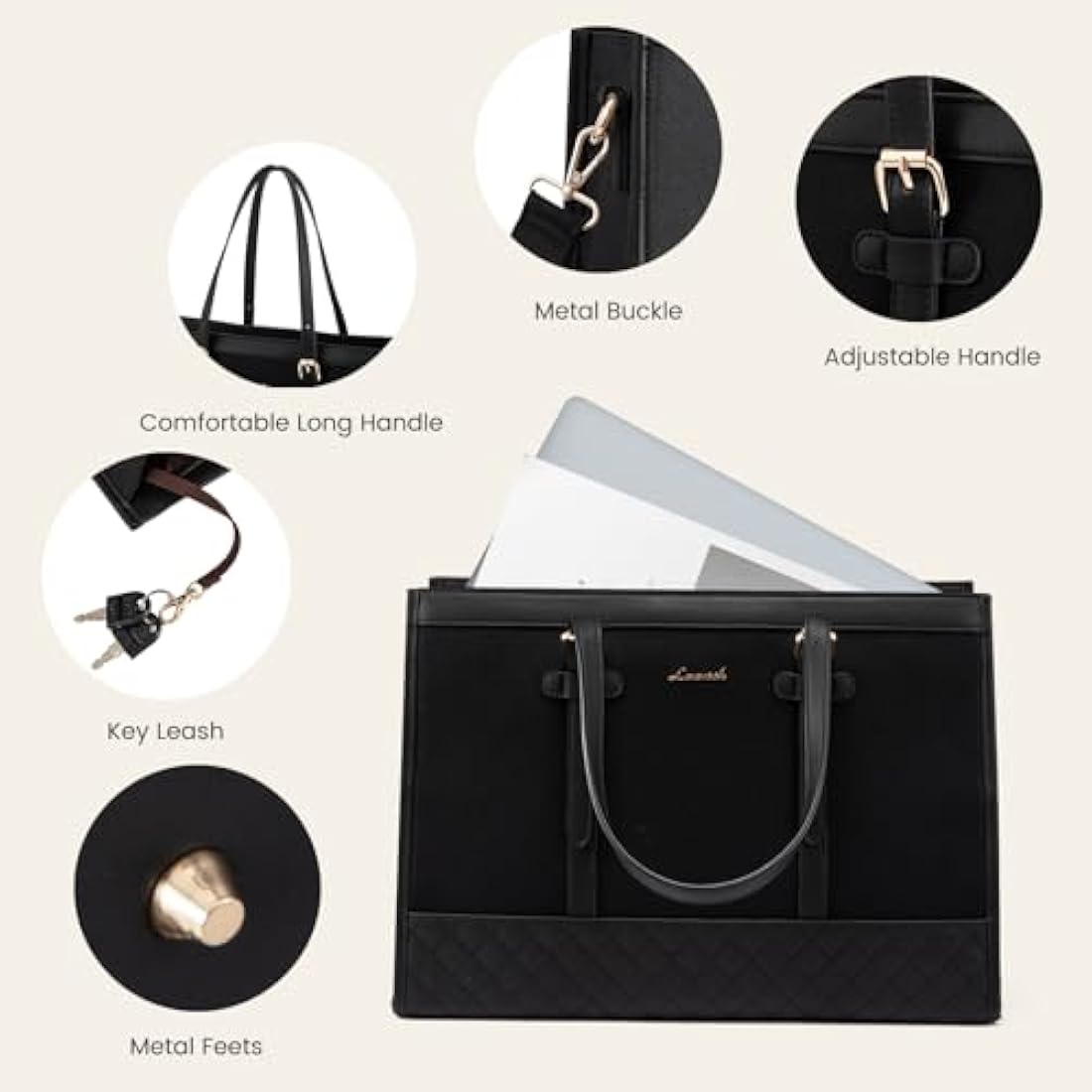 LOVEVOOK Laptop Bags for Women 15.6 Inch, Ladies Handbags for Work Business, Womens Large Tote Bag, Leather Shoulder Bag with Clutch Lightweight for Office Business School College Shopping, Black