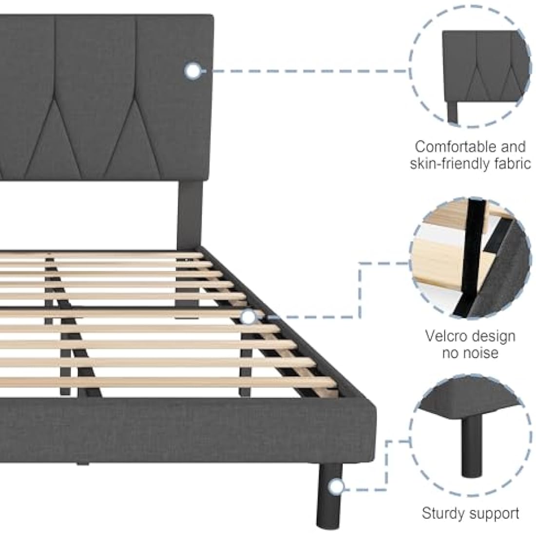 Yocreat Small Double Bed Frame, Dark Grey, Upholstered Wooden Slat Bed Frame with Headboard, Easy Assembly, Underbed Storage, No Box Spring Needed 120×190