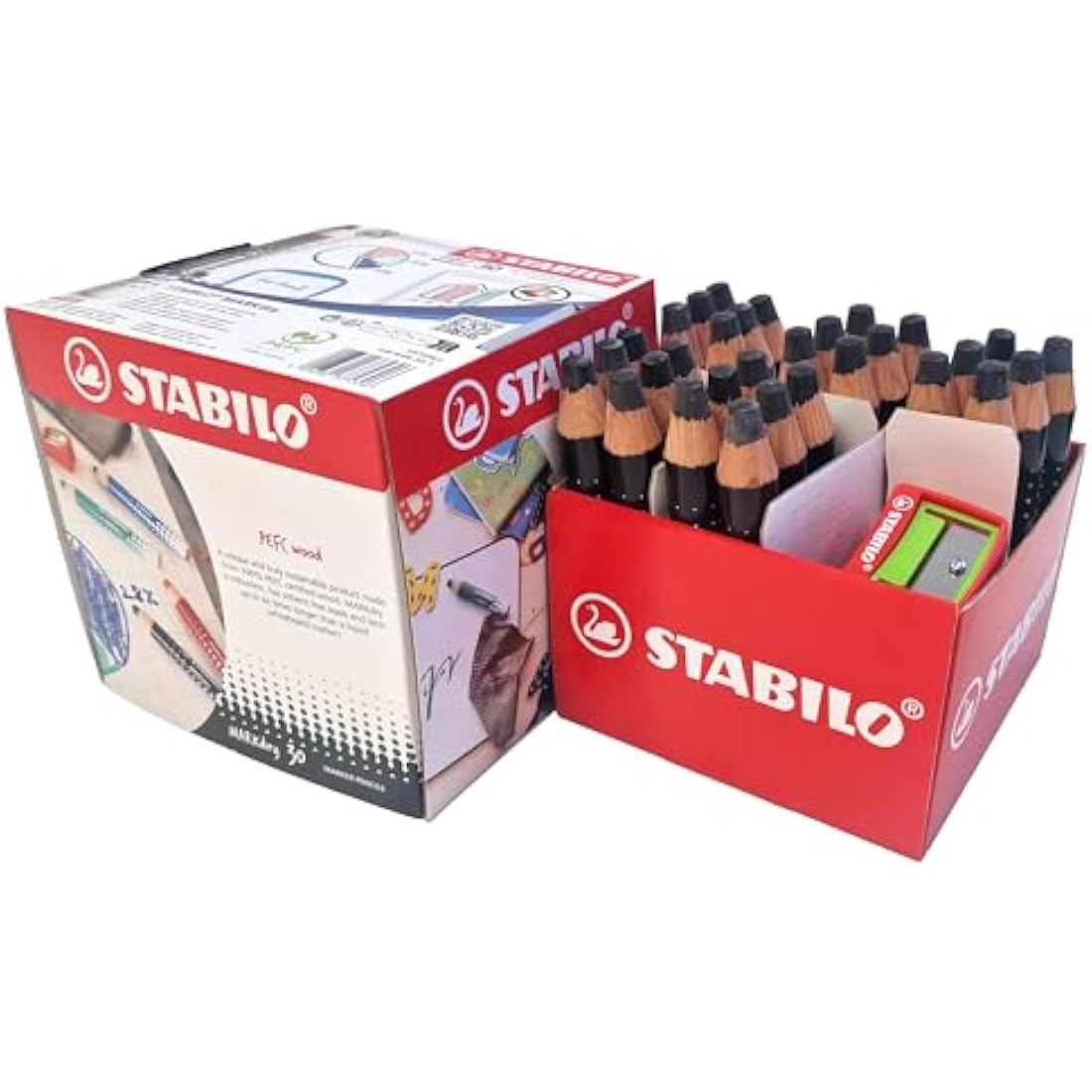STABILO MARKdry - Whiteboard and Flipchart Marker Pencil - Classpack of 30 - Black with 2 Sharpeners