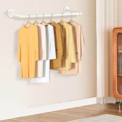 Yawinhe Industrial Pipe Clothes Rack, 80cm Wall Mounted Clothes Rail, Heavy Duty Detachable Wardrobe Rail for Laundry, Living Room, White, 2 Pack