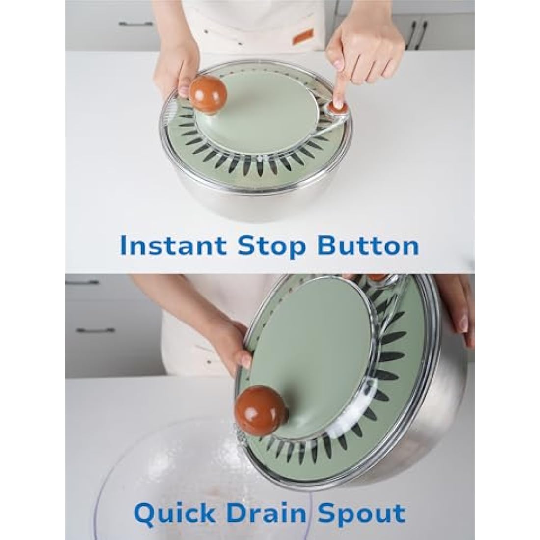 Lunememo Stainless Steel Salad Spinner, Lettuce Spinner with Drain, Non-Slip Base, Stop Button, Vegetable Dryer, BPA Free, 5L