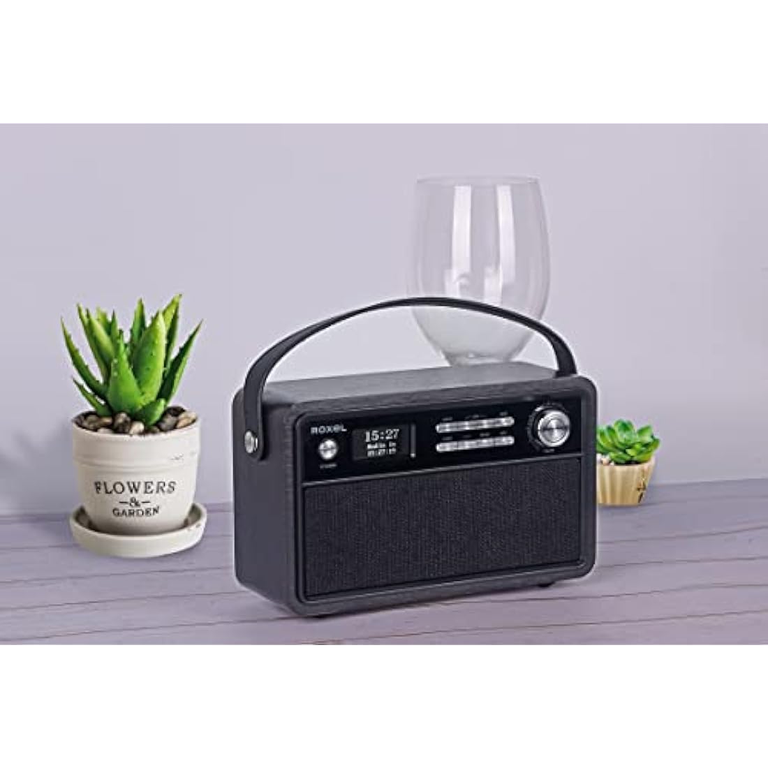 Roxel Retro D1 Vintage DAB+/FM Radio Wireless Speaker | Bedside Alarm Clock with Sleep Function. Rustic Exterior, Mains and USB Rechargeable, TF card, AUX and USB Compatible (Black)