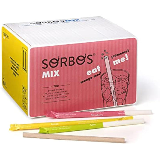 SORBOS Edible Straws, Assorted Flavors - Chocolate, Lemon, Lime, Strawberry, Sustainable, Allergen-free, Gluten-free, 100% Biodegradable (200 Straws)