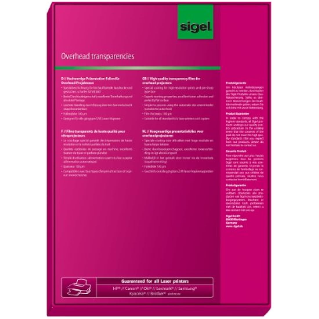 SIGEL LF419 Transparency Film for Laser/Copier BandW, clear, coated, auto feed, for double-sided printouts, 100 mic, A4, 100 sheets