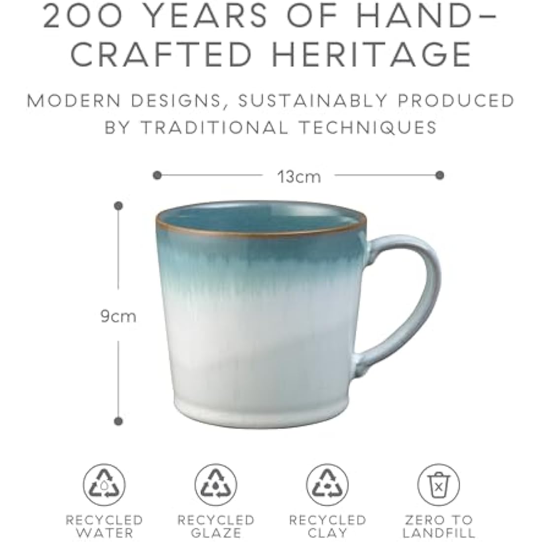 Denby - Azure Haze Blue Coffee Mug Set of 2-400ml Large Stoneware Ceramic Tea Mug Set for Home & Office - Dishwasher Safe, Microwave Safe - Blue, White Reactive Gradient Glaze - Chip Resistant