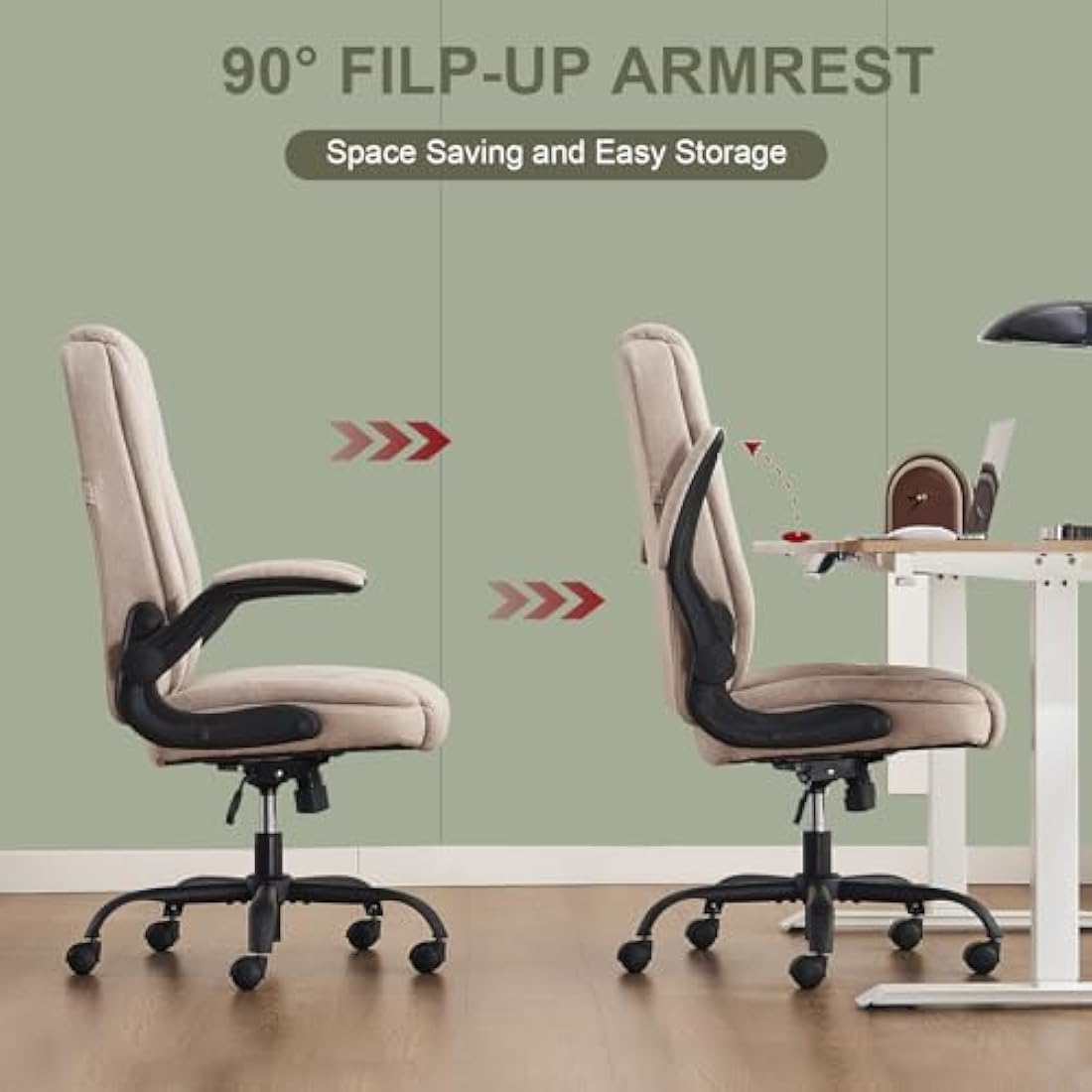CASTLOVE Ergonomic Office Chair Computer Chair Executive Office Chair with Flip Up Armrest High Back Rocking Function Height Adjustable Comfortable Desk Chair for Home Office Fabric Cream