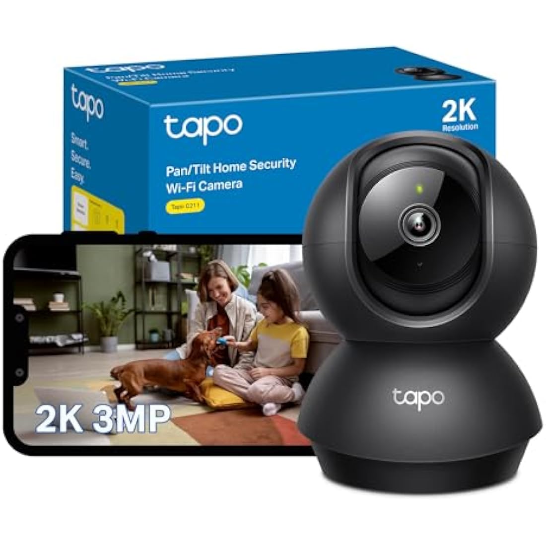 Tapo C211 2K 3MP Pan/Tilt Indoor Camera House Security Camera, WiFi Camera, No Monthly Fee, AI Detection, Dog Camera, Baby Camera Monitor, CCTV, 360° View, Night Vision, Works with Alexa & Google