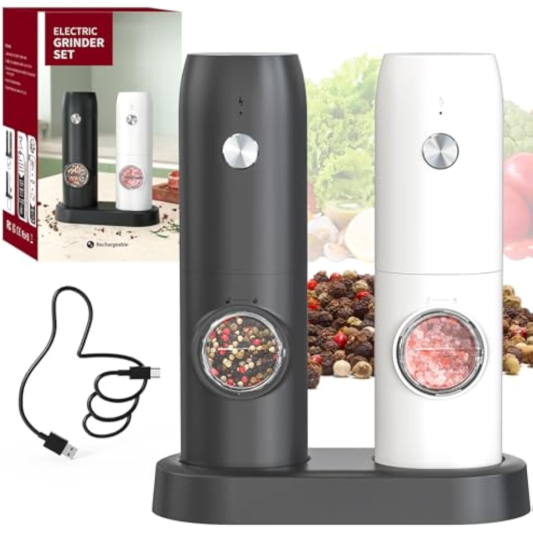 CIRCLE JOY Electric Pepper Grinder Mills, Rechargeable Salt and Pepper Set with Charging Base, Ceramic Grind and Adjustable Coarseness, Automatic Grinder for Home, Kitchen, Black White