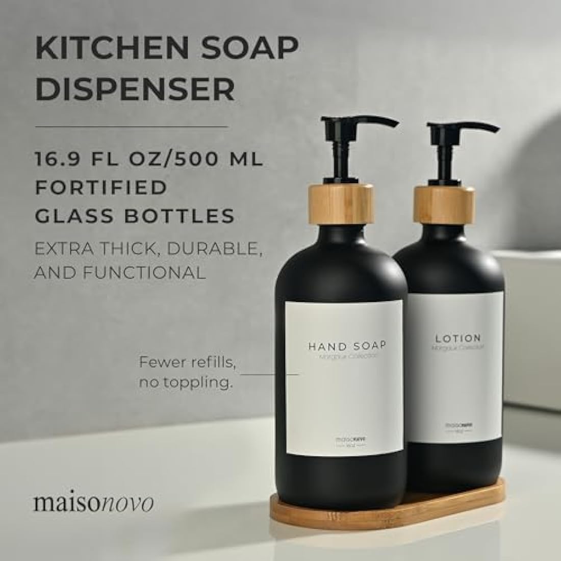 MaisoNovo Bathroom Soap and Lotion Dispenser Set of 3, 500ml Black Soap Dispenser Bamboo Pumps With Labels and Bamboo Tray