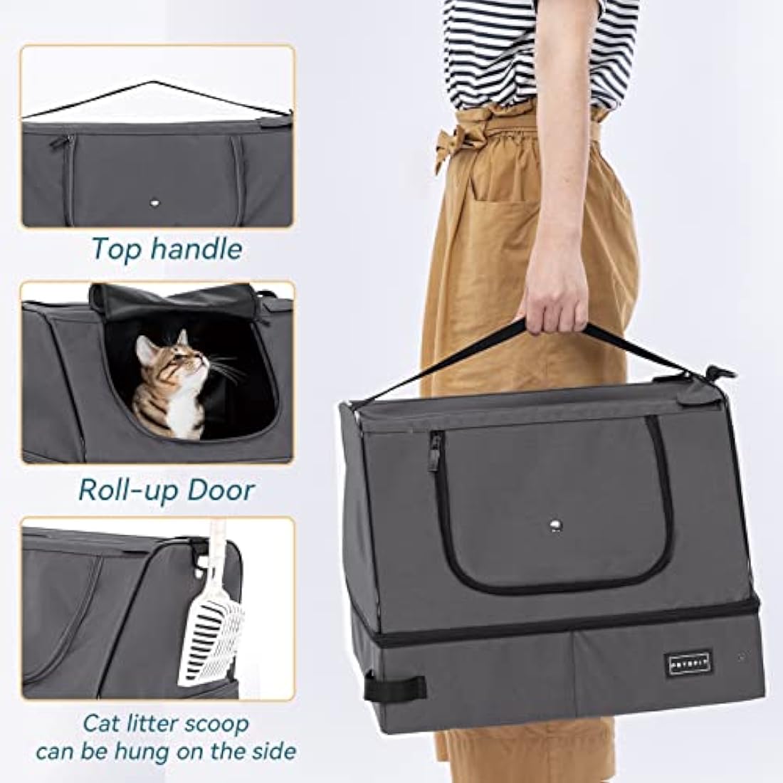 PETSFIT Travel Litter Box for Cats - Removable and Washable 2-Layer Leak-Proof Lining, Scratch-Resistant Fabric with Sturdy Support Frame, Portable Litter Box, Lightweight Gray