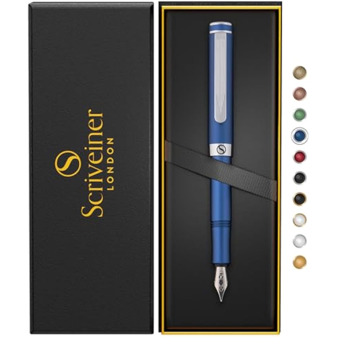 Scriveiner Luxury EDC Fountain Pen (Medium), Stunning Matt Blue Pocket Pen, Chrome Finish, Schmidt German Nib, Converter, Best Writing Pen Gift Set for Men & Women, Nice Fancy Office Designer Pen