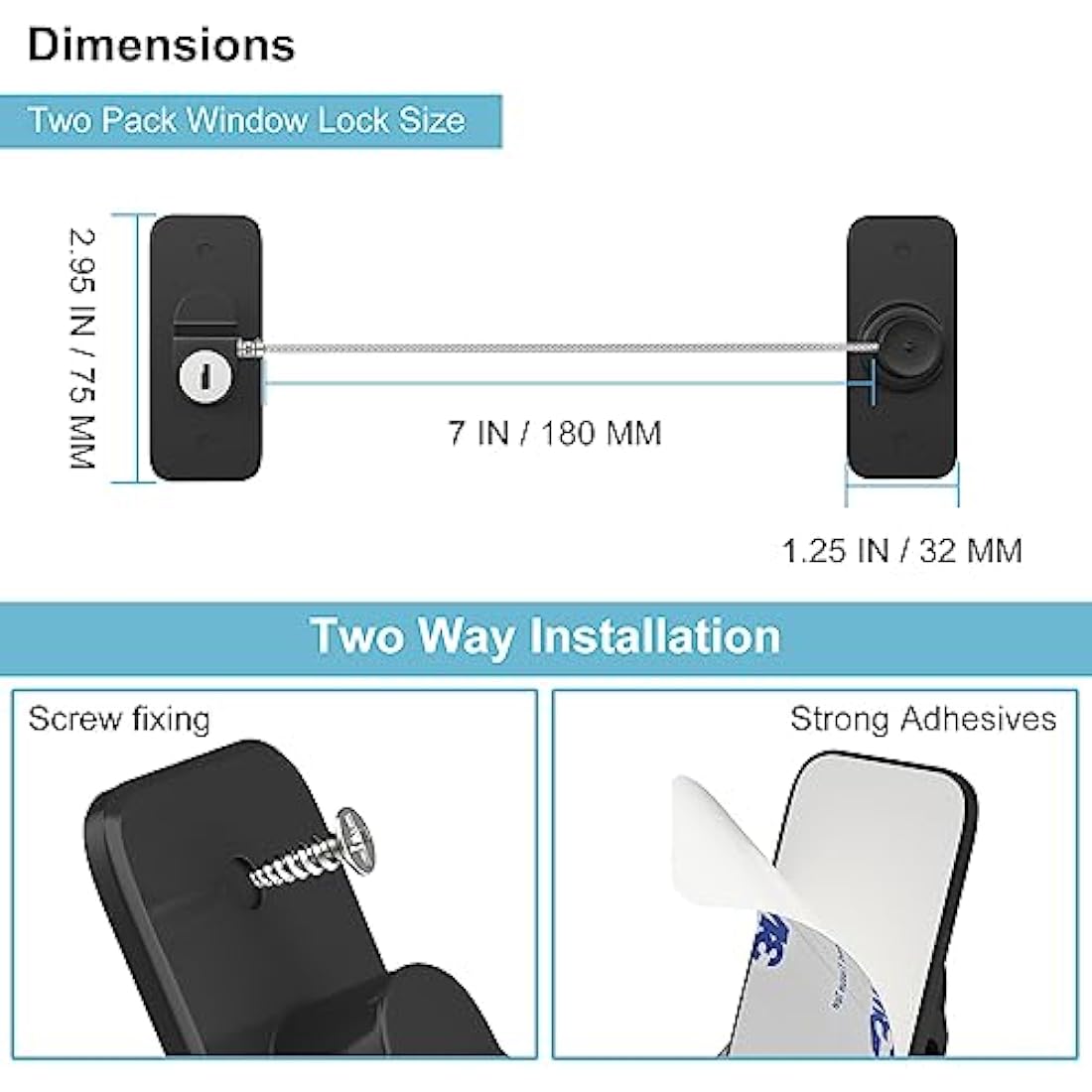 Window Safety Lock Black AOSITE 2 Packs Versatile Window Restrictor Self Adhesive for UPVC No Drilling Window Locks, Refrigerator Lock with Key Child Pet Child Safety Cable Lock for Childproof