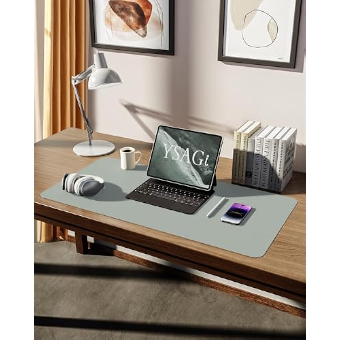 YSAGi Leather Desk Mat, Large Mouse Mat, Non-Slip Desk Pad, Waterproof PU Leather Table Protector Writing Pad for Office and Home (80 x 40 cm, Grayish Green)