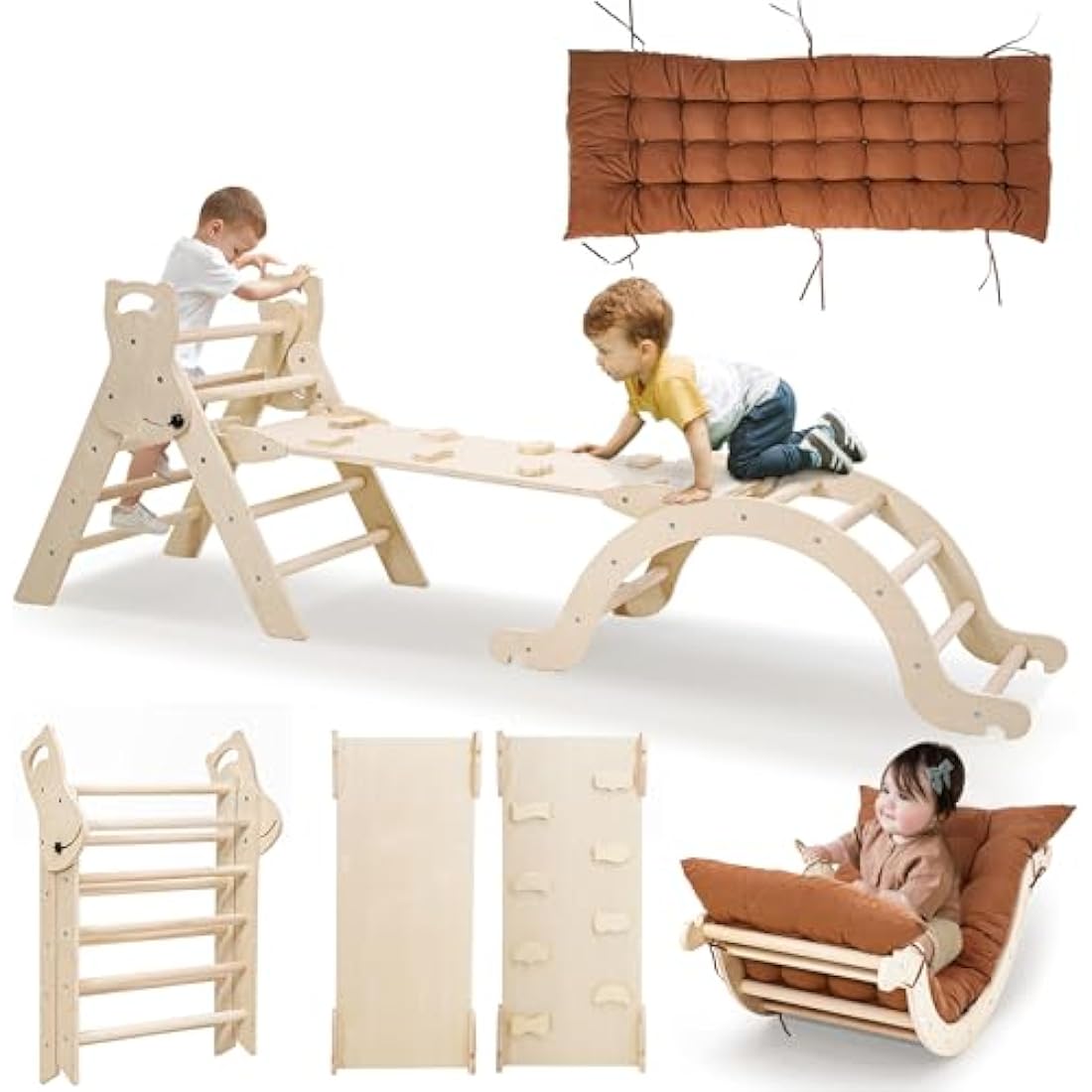 Toddler Climbing Frame for Toddlers Age 1 2 3 4 5, Indoor Kids Wooden Climbing Frame with Slide Ramp Triangle Climber Arch and Cushion Montessori Toy Toddler Kid Gym - Medium (Natural and Unpainted)