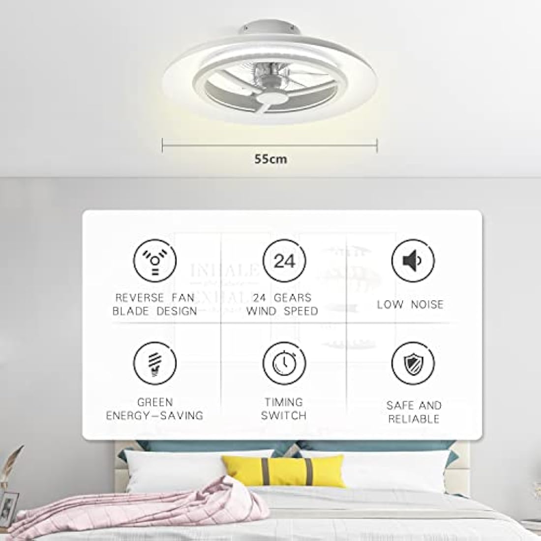 BKZO 55cm LED Ceiling Light with Fan, Ceiling Fan Lights Without Lampshade Wind Speeds Adjustable, Stepless Dimming Light, Modern Fan Lighting, 3000-5500K