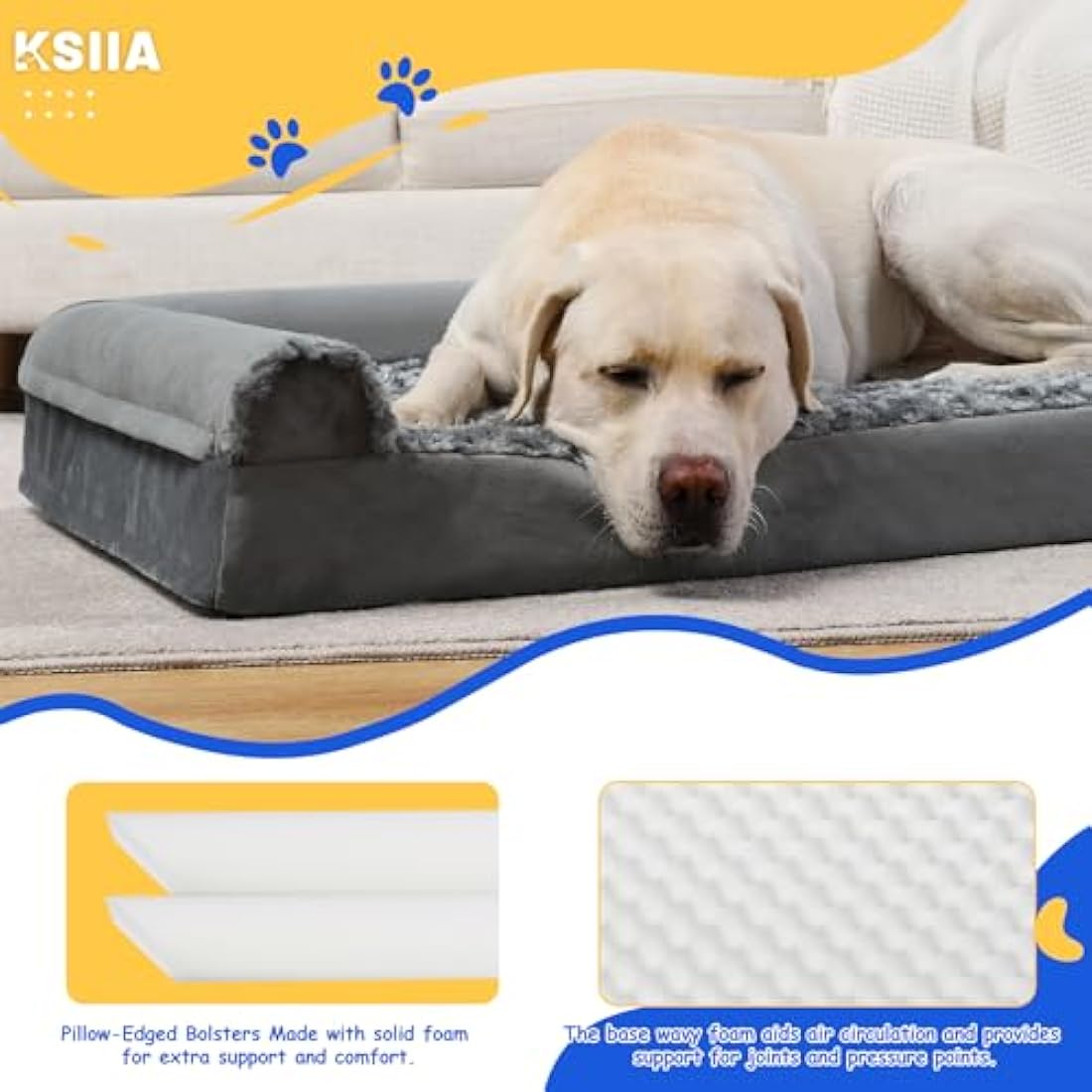 KSIIA Large Dog Bed, Orthopedic Dog Sofa Beds Couch with Removable Washable Cover, Waterproof Pet Sofa with U-Shape Bolster, Grey 88.9x55.88x16cm