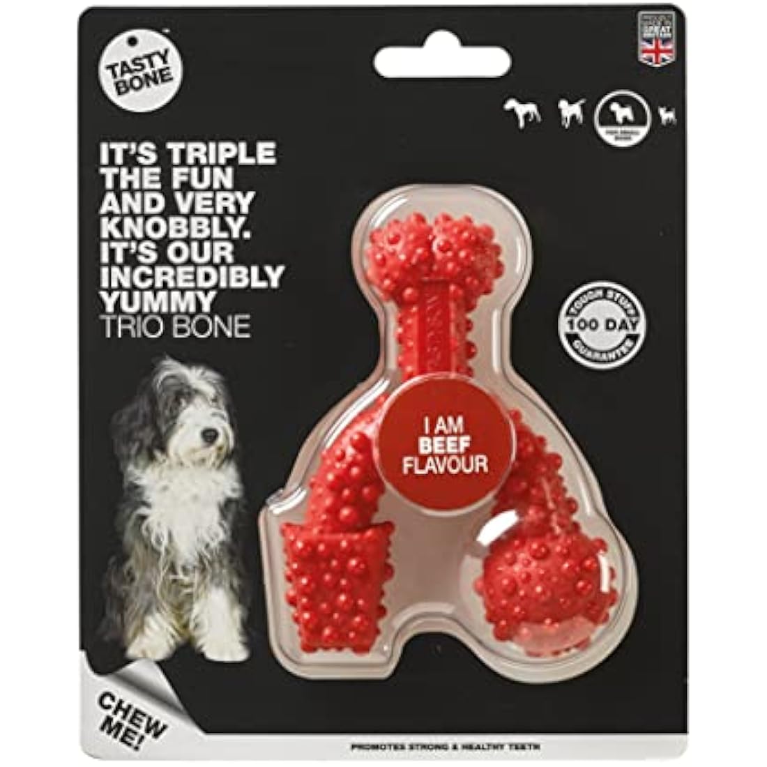TastyBone TrioBone Nylon Dog Chew Toy for Small Dogs (Beef) - Indestructible for Aggressive Chewers, Everlasting Flavour, Strong Healthy Teeth, Made in the UK