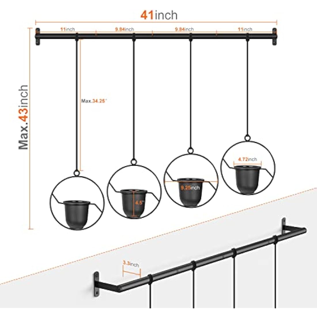 Mutool Hanging Planter Pots for Indoor Herb Garden, 4 Pack With Melamine Planters, Rope & Modern Wall and Ceiling Plant Holder, Black