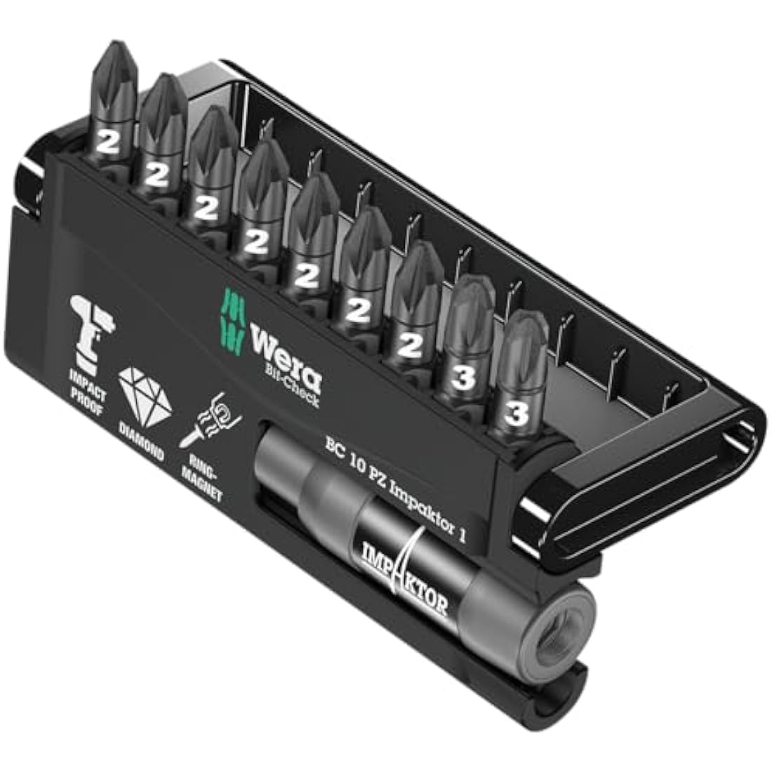 Wera Bit-Check 10 PZ Impaktor 1 TriTorsion Long Life Pozidriv bit set for all impact drills, with Impaktor holder, 10pc, 05057684001