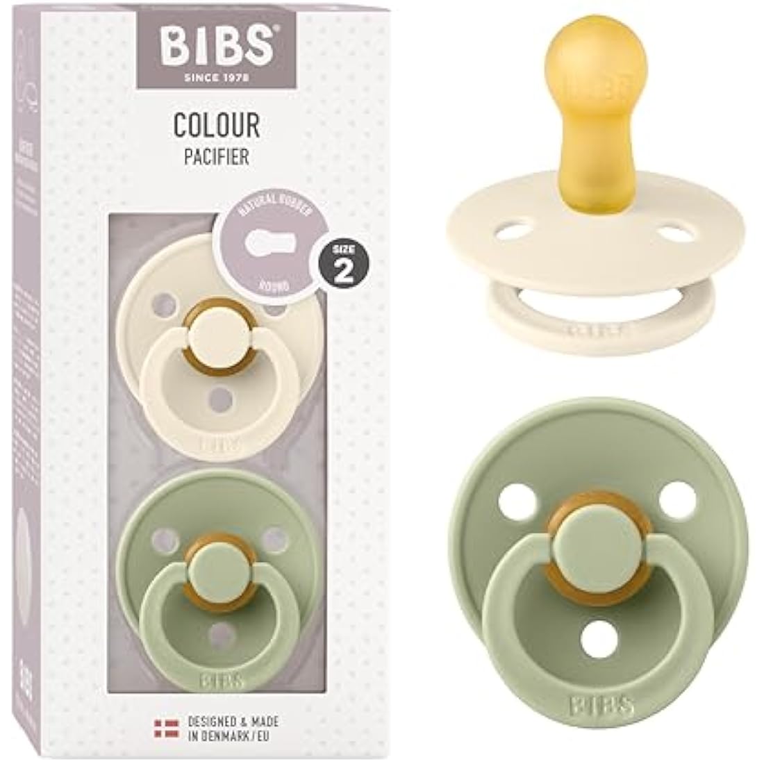 BIBS Colour Soother 2-Pack, BPA Free Dummy Pacifier, Round Nipple. Natural Rubber Latex, Size 2 (6-18 Months), Ivory/Sage
