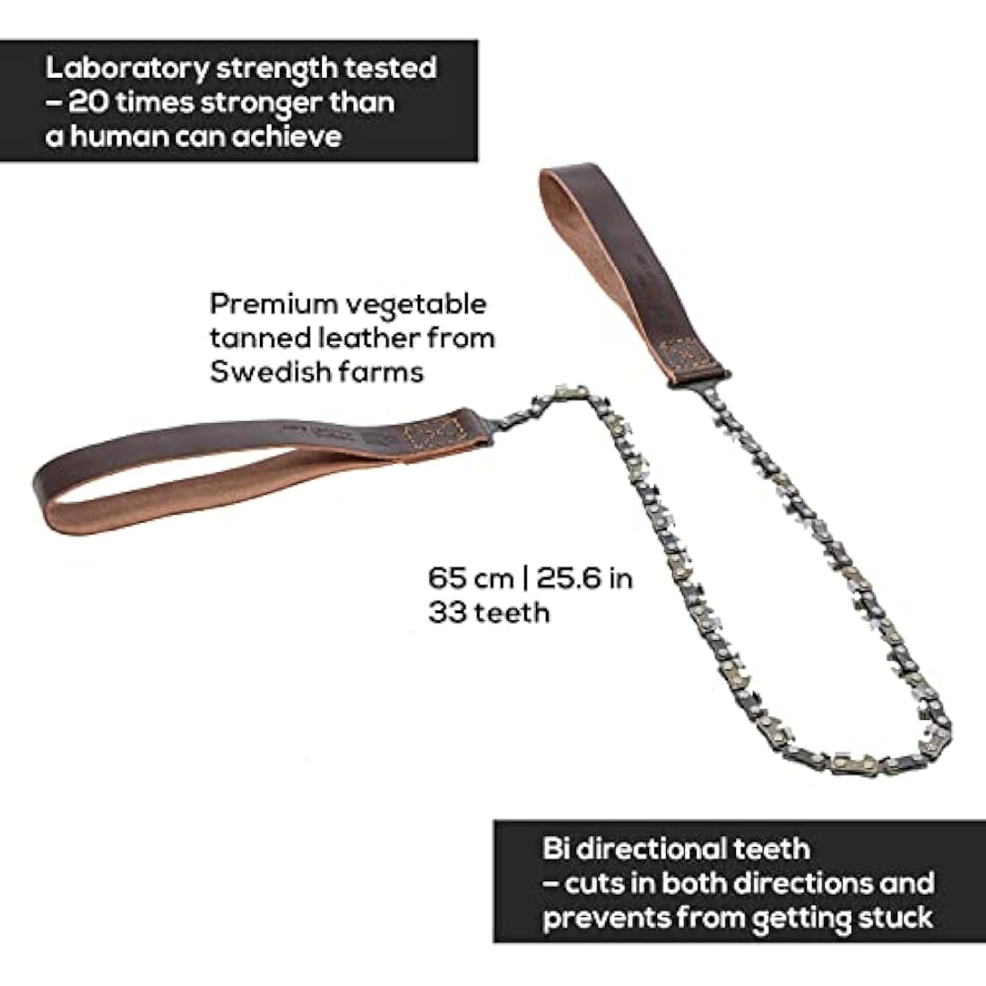 Nordic Pocket Saw for Camping - 65 cm Pocket Chainsaw with 33 Bi-Directional Teeth - Handy Backpacking Saw with Extra Large Nylon Handle Loops - Survival Chainsaw for Clearing Trails