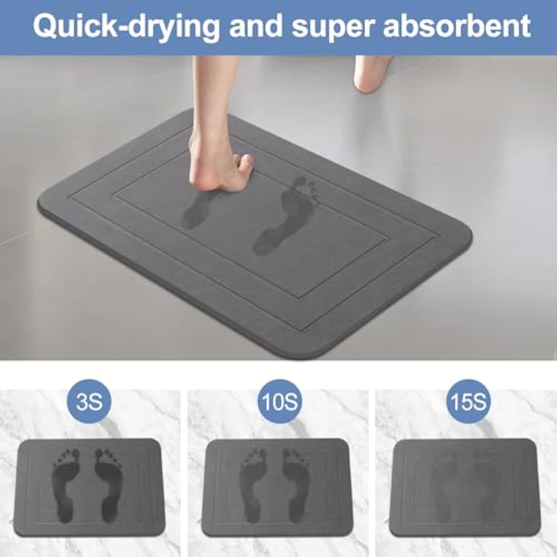 HUMIGA 2 Pack Stone Bath Mat, Diatomaceous Earth Shower Mat, Non-Slip Super Absorbent Quick Drying Bathroom Kitchen Floor Mat (Grey, 24x15)