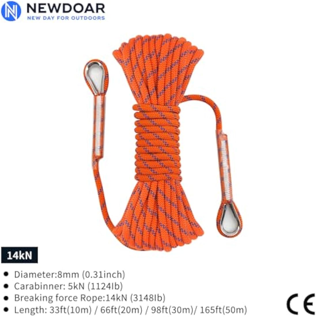 NewDoar 14KN Static Climbing Rope 8mm Accessory Cord Equipment 33FT(10M) 66FT(20M) 98FT(30M) 165FT(50M) Escape Rope with 2 Carabiners for Ice Climbing Fire Rescue Rope Safety Rope