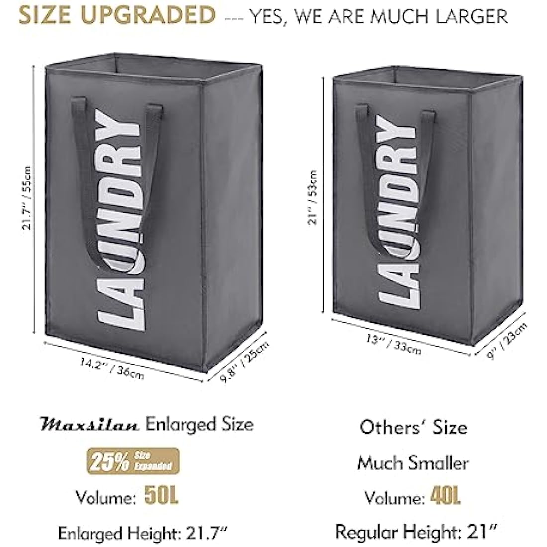Maxsilan 50L Laundry Basket with Extended Handle, Collapisable Laundry Bag, Foldable Laundry Hamper, Folding Washing Storage Bin, Dark Grey