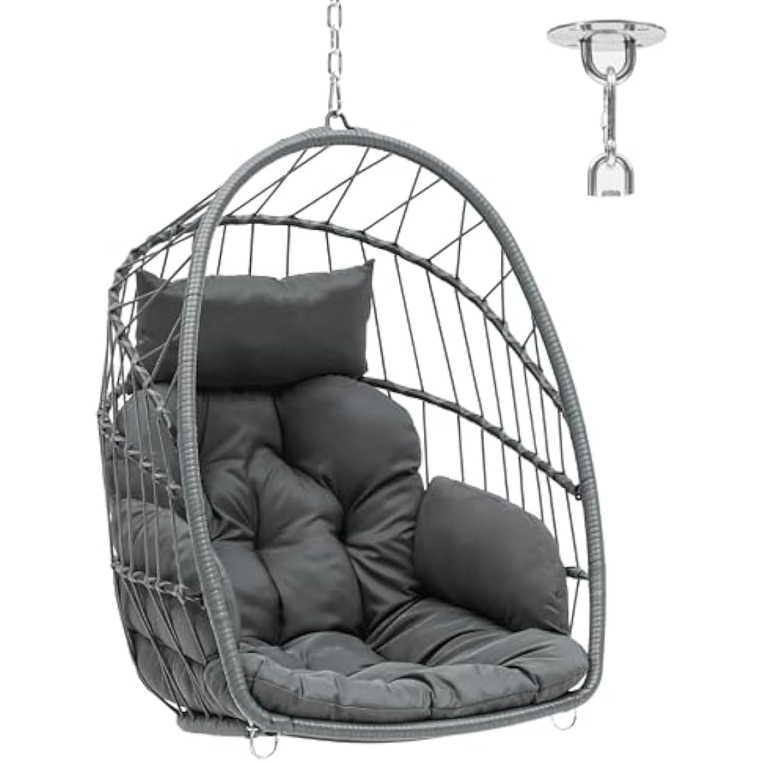 YITAHOME Rattan Egg Chair Max. load 150 kg Garden Egg Chair with 2 Cushions, 105 x 74 x 72 cm Iron Sturdy Steel Frame, Hanging Egg Chair with a Chain & S Hook for Patio, Garden, Living Room, Grey