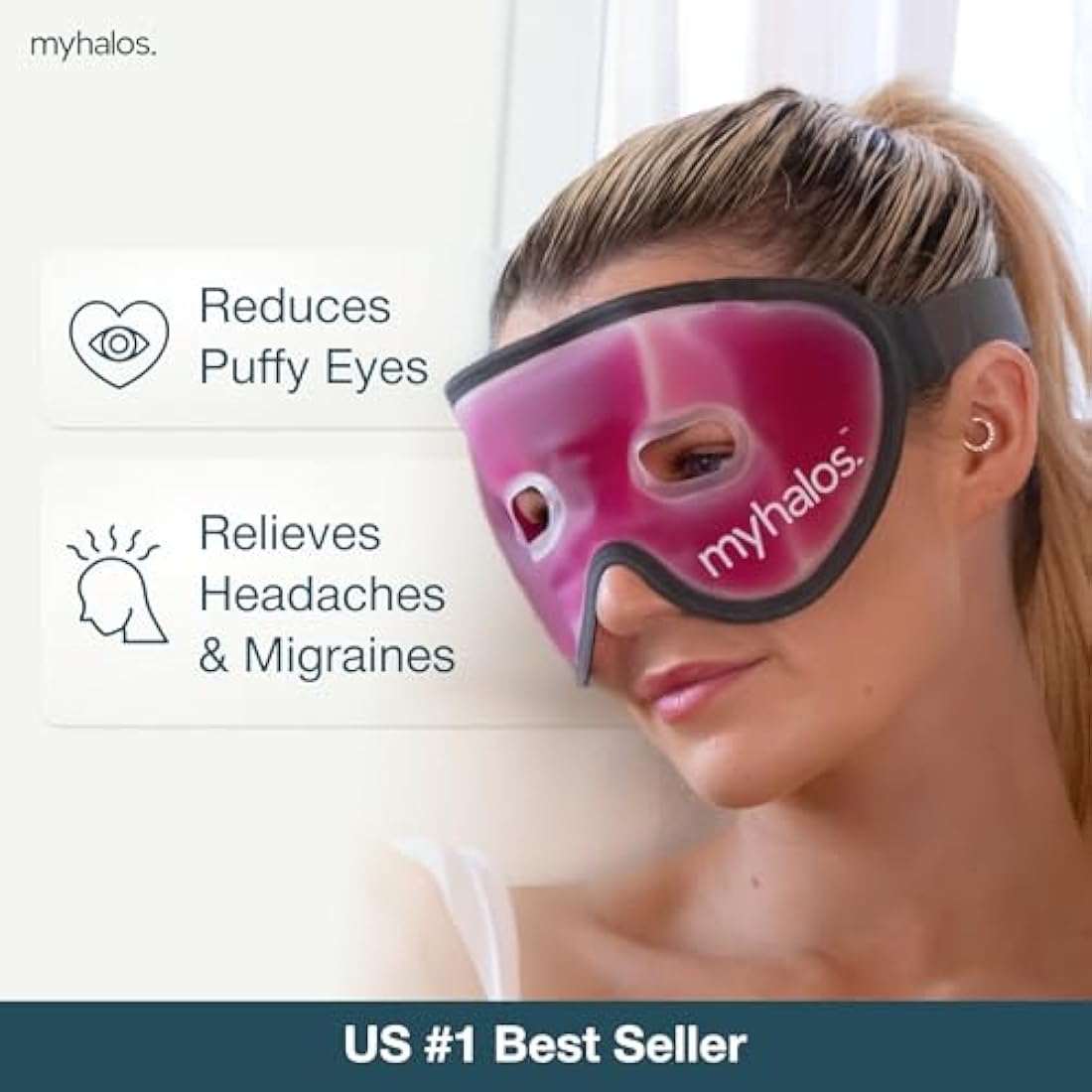 MyHalos Gel Eye Mask - Reusable Cooling Eye Mask with Adjustable Straps - Cold Mask for Puffy Eyes, Dark Circles and Hangovers - Eyes Ice Pack Compress for Sinus, Headaches & Puffiness, Pink