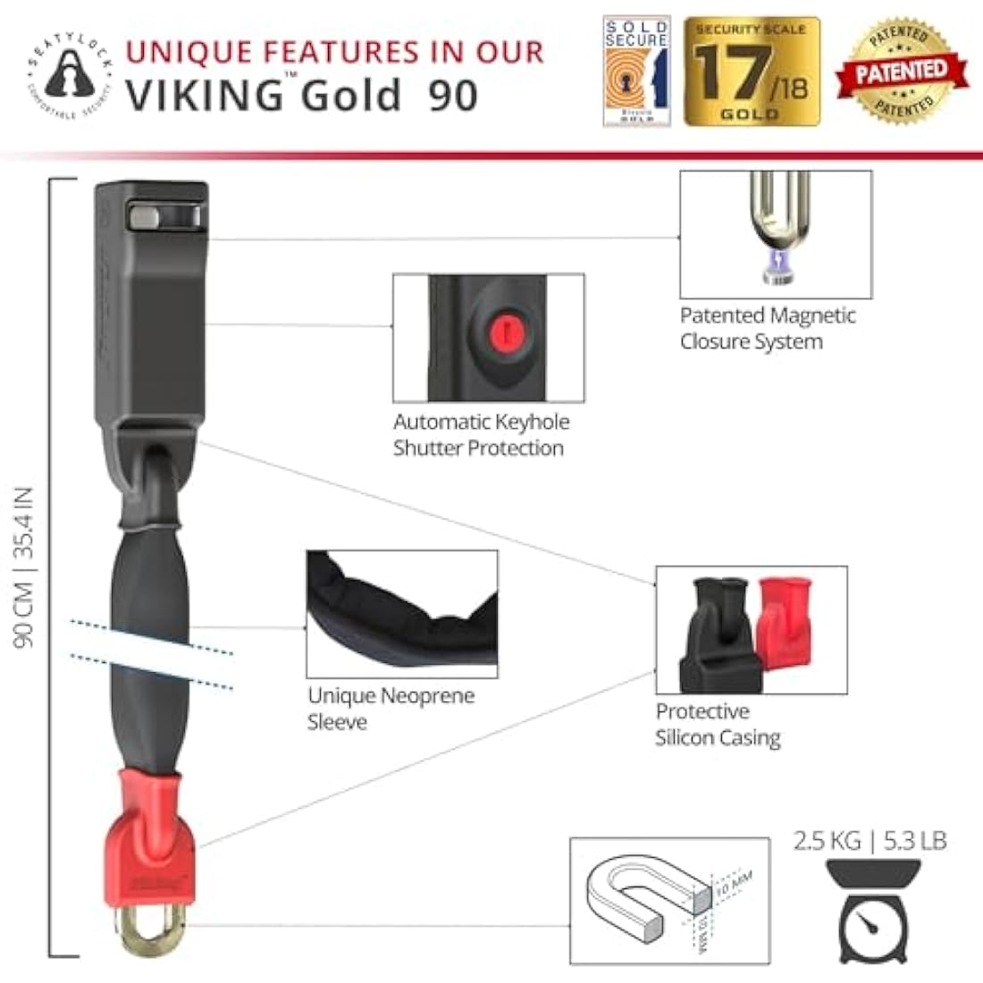 Seatylock Viking Bike Chain Lock with Key - Magnetic Patented Sold Secure Silver Rated - Heavy Duty Anti Theft - Smart Ultra Security Bicycle Lock (90 CM - 35.4")