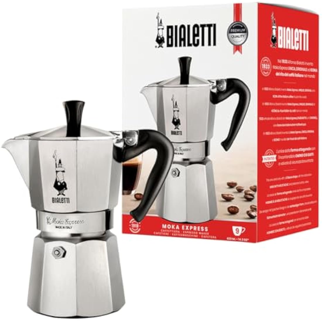 Bialetti Moka Express Aluminium Stovetop Coffee Maker (9 Cup), 420ml, Silver.