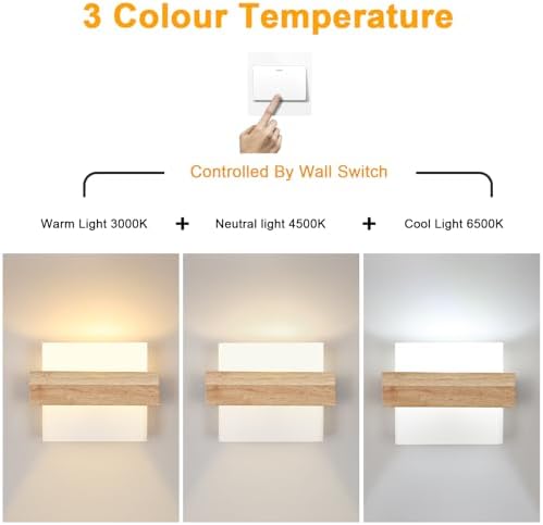 DELIPOP Wooden Wall Lights Indoor, E27 Modern Minimalist Design Wall Lamp, Wood Wall Lighting Fixtures 3 Lighting Colours 3000K/4500K/6500K for Living Room Bedroom Corridor Stairs