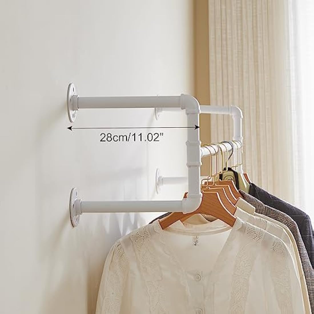 IBUYKE 50" Wall Mounted Coat Rack Industrial Design Wall Mount Removable Clothes Rack Space Saving Rack Load up to 60kg Four Bases White TYJ002W