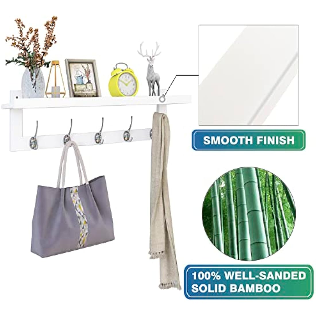 SMIBUY Coat Hooks with Shelf Wall-Mounted, 74 cm Entryway Coat Rack for Wall, Bamboo Hanging Shelf with 5 Double Metal Hooks for Bathroom, Bedroom, Kitchen, Living Room, Mudroom (White)