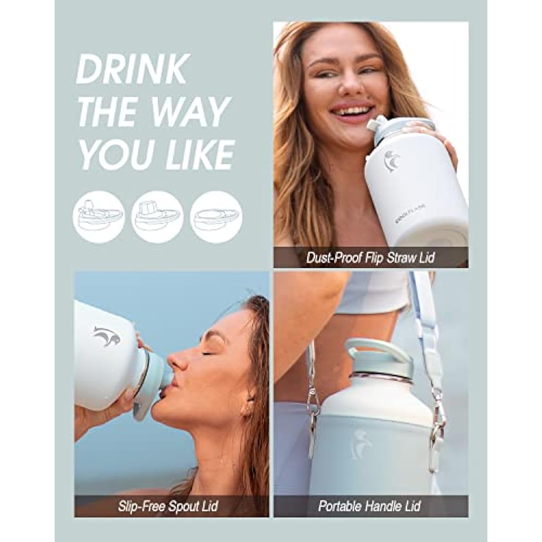 Coolflask 2L Water Bottle Stainless Steel with PU Leather Sleeve, Insulated Water Bottles Color Contrast with Straw Lids, Half Gallon Metal Water Bottle, Keep Cold 48h Hot 24h, Glacier White