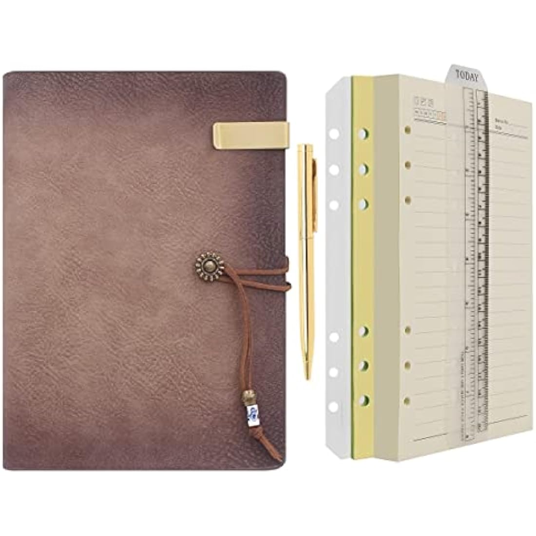 WONDERPOOL A5 Leather Diary Lined Paper Notebook & Pen - Refillable 6 Ring Binder Writing Spiral Journal with Ruled Notepads for Office Travel Work and Plan Agenda(a-Maroonpink, A5)