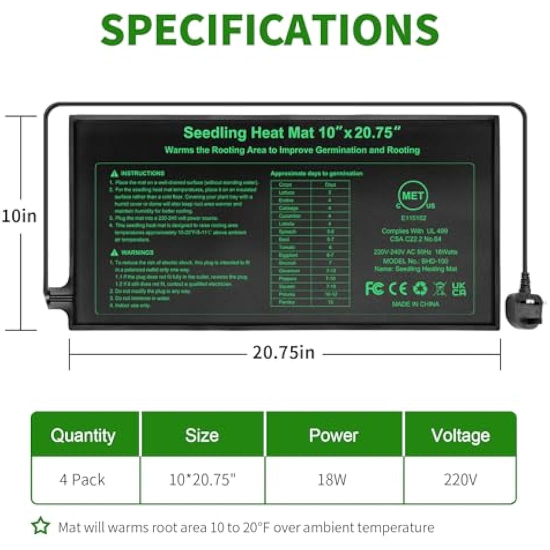 RC SLL Seedling Heat Mat 10" x 20.75",Waterproof Plant Hydroponic Heating Mat for Seed Starting,Plant Germination and Reptile with Power-Off Protection（4 Pack）