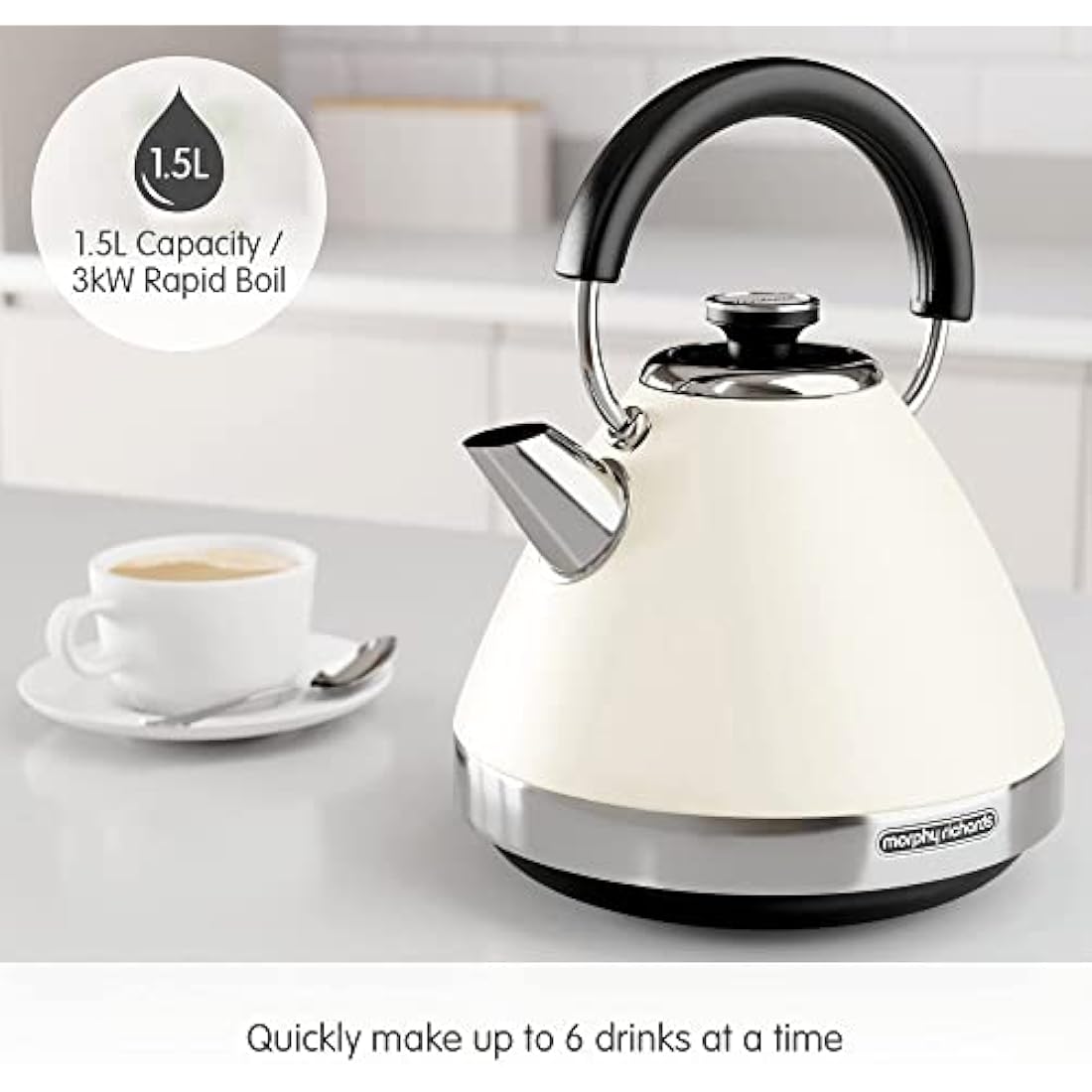 Morphy Richards Venture Cream Pyramid Kettle - 1.5L - 3kW - Rapid Boil - 100132