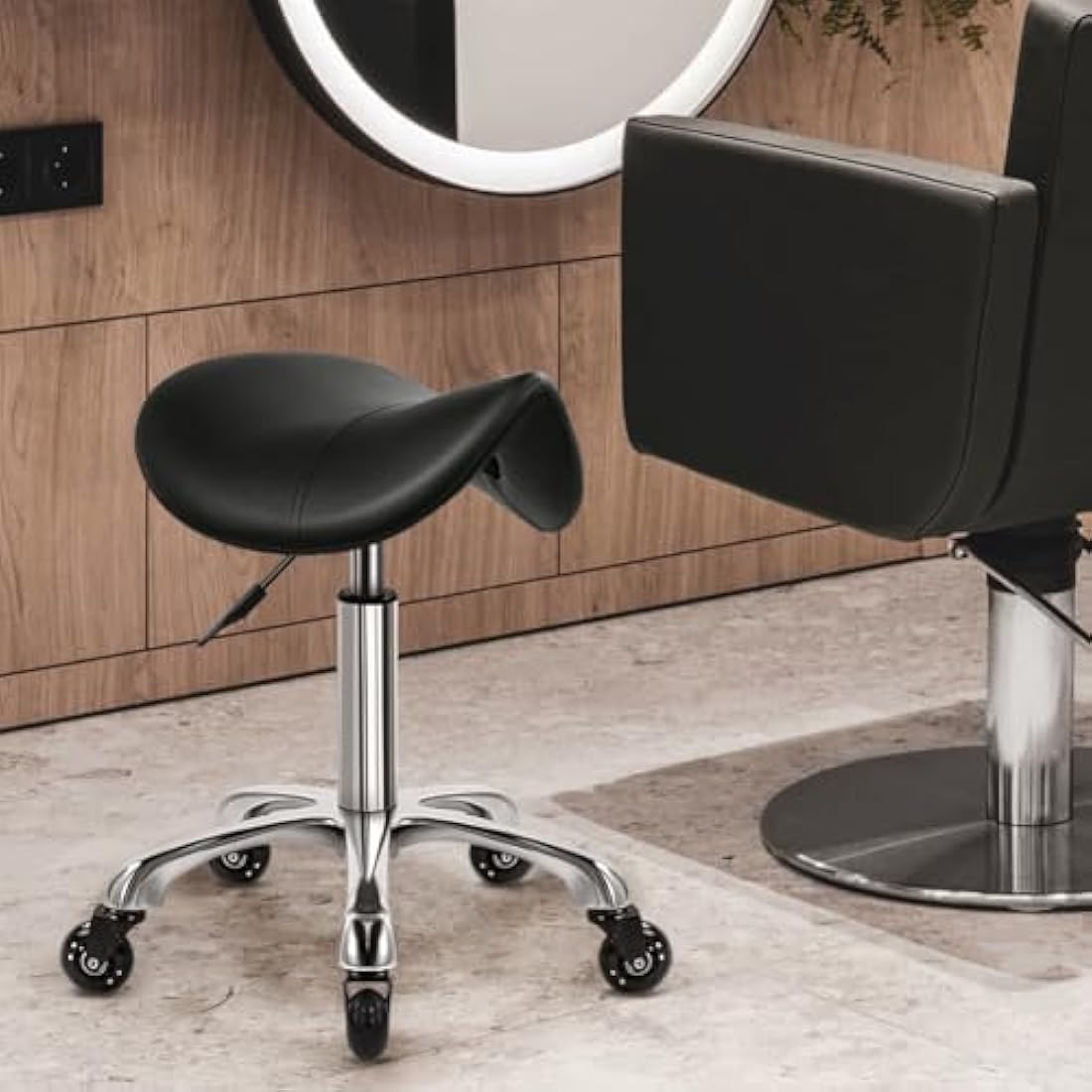WKWKER Saddle Stool On Wheels Swivel Adjustable Thick Leather Seat Beauty Chair For Kitchen Drafting Lab Office Massage Black