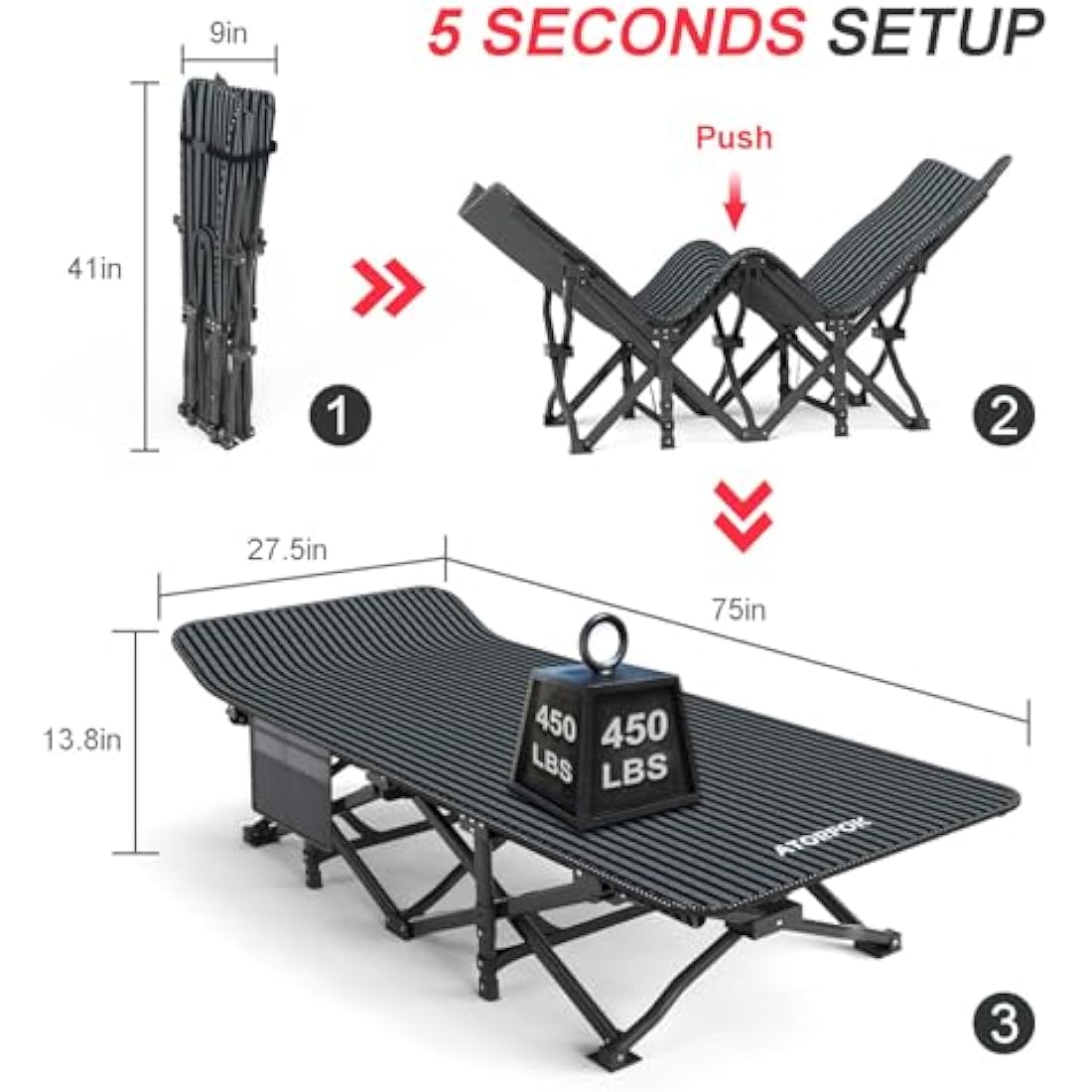 ATORPOK SHOP Camp Beds for Adults with Cushion Comfortable, Travel Camping Cot for Sleeping，Lightweight Folding Bed with Carry Bag Supports 450 lbs