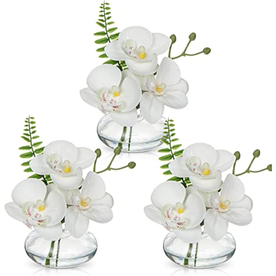 Briful Set of 3 Artificial Orchids in Glass Vase, White Orchids Fake Flowers in Faux Water Artificial Flowers for Decoration Artificial Plant for Living Room Bathroom Office Décor