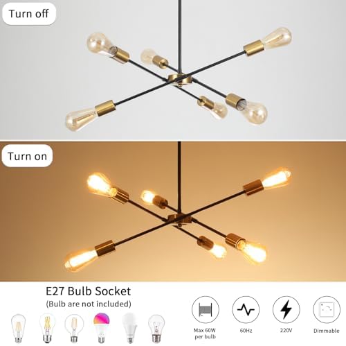 QAREHL Chandeliers Ceiling Lights, 6 Arm Sputnik Ceiling Light for Living Room Modern Black Pendant Light, Sputnik Chandelier for Bedroom, Dining Room, Kitchen, Hallway, E27 Socket