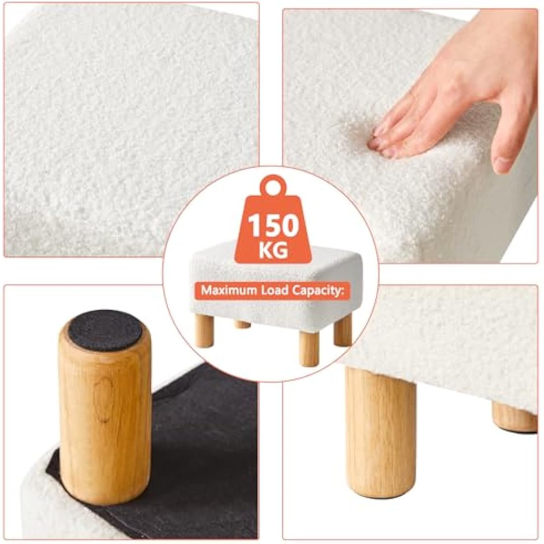 YMYNY Footstool, Rectangle Pouf Ottoman with Stable Wooden Legs, for Couch, Desk, Modern Teddy fleece Material Soft Padded Seat, Change Shoes Stool for Living Room, Bedroom, 40×29×25CM White HBD030W
