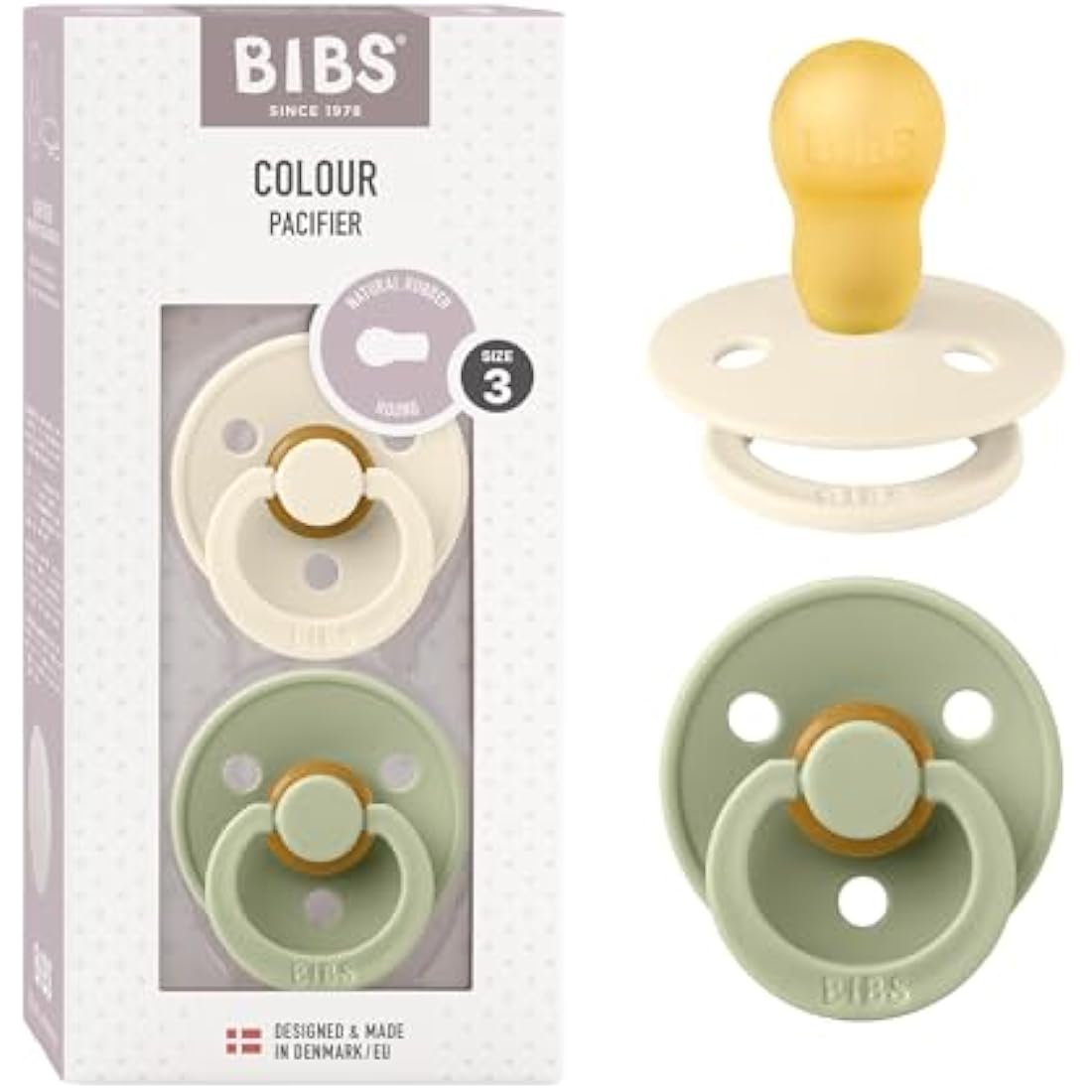 BIBS Colour Soother 2-Pack, BPA Free Dummy Pacifier, Round Nipple. Natural Rubber Latex, Size 3 (18+ Months), Ivory/Sage