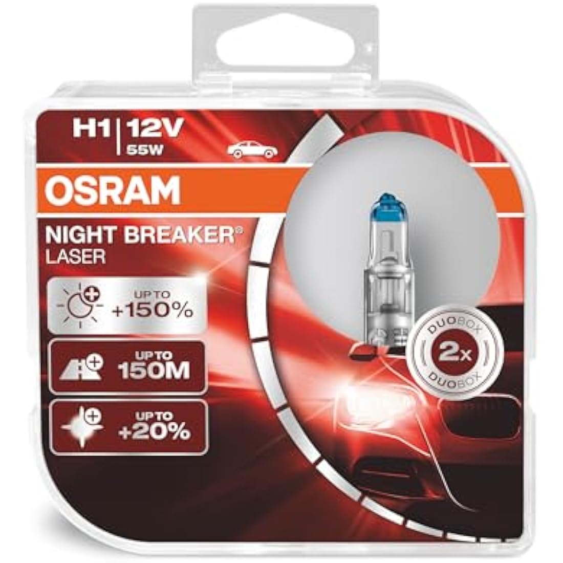 OSRAM Night Breaker Laser H1, Next Generation, plus 150 percent More Brightness, Halogen Headlamp, 64150NL-HCB, 12 V, Passenger Car, Duo Box (2 lamps)